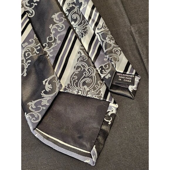Karl Knox Mens Silver & Black Floral Stripe Necktie - Picture 5 of 10